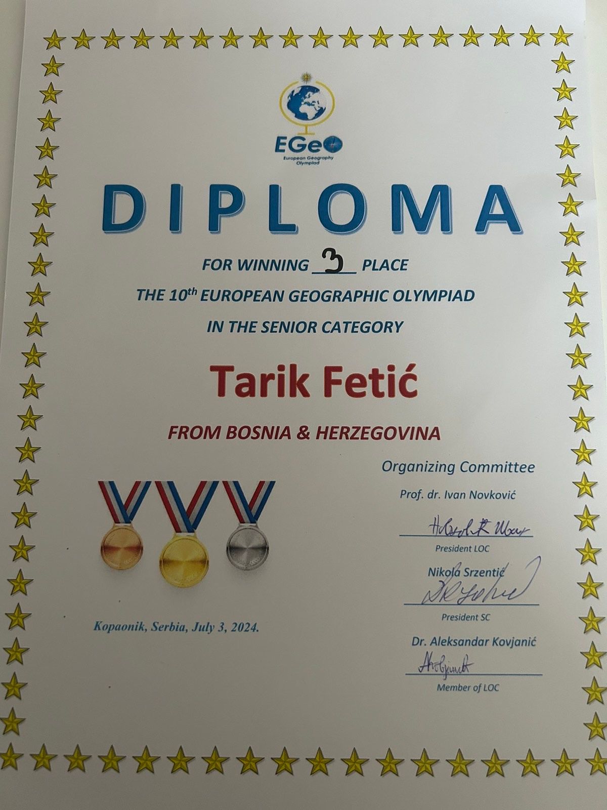 Tarik Fetić osvojio 3. mjesto na Evropskoj geografskoj olimpijadi | Treća gimnazija Sarajevo